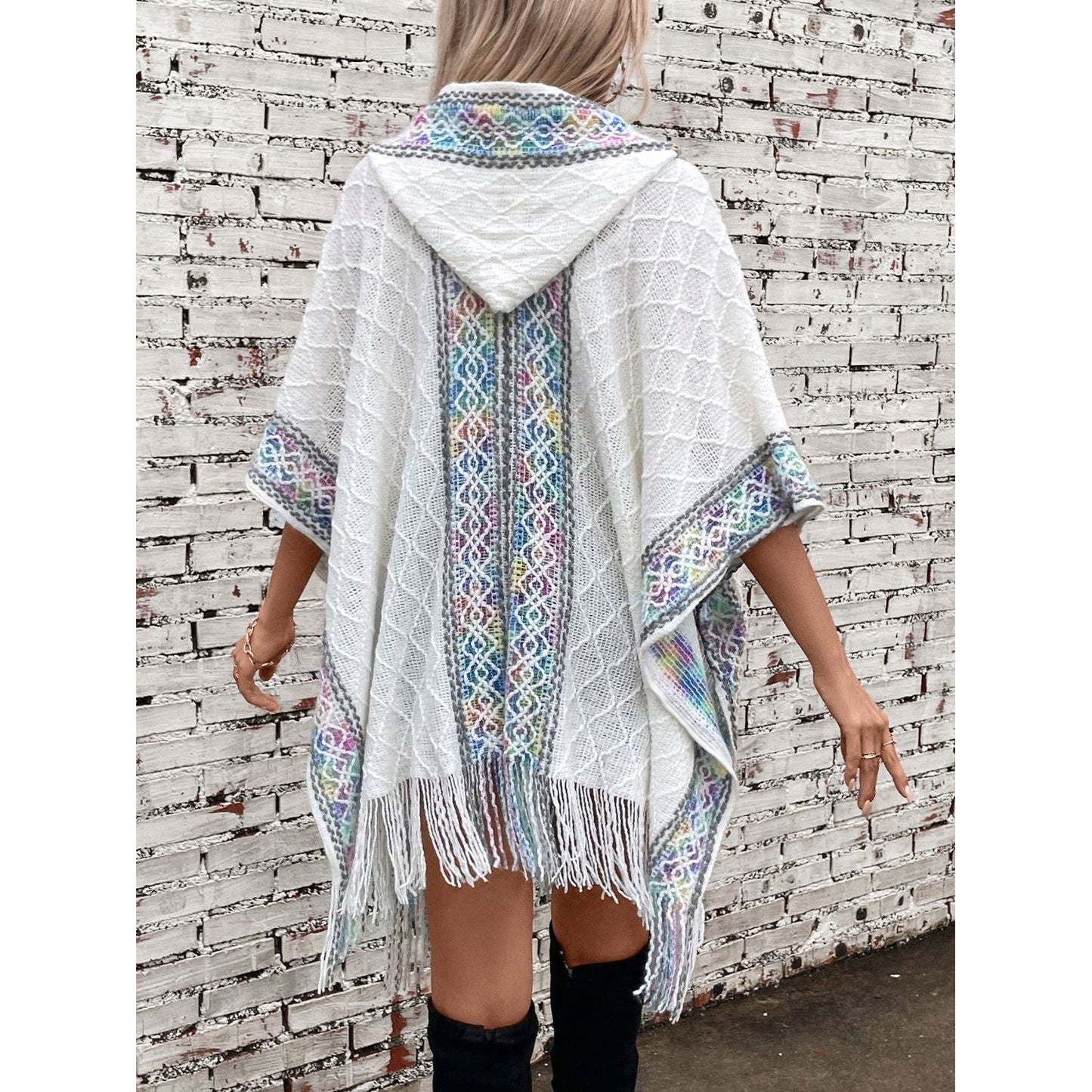 Fringe Half Sleeve Hooded Poncho