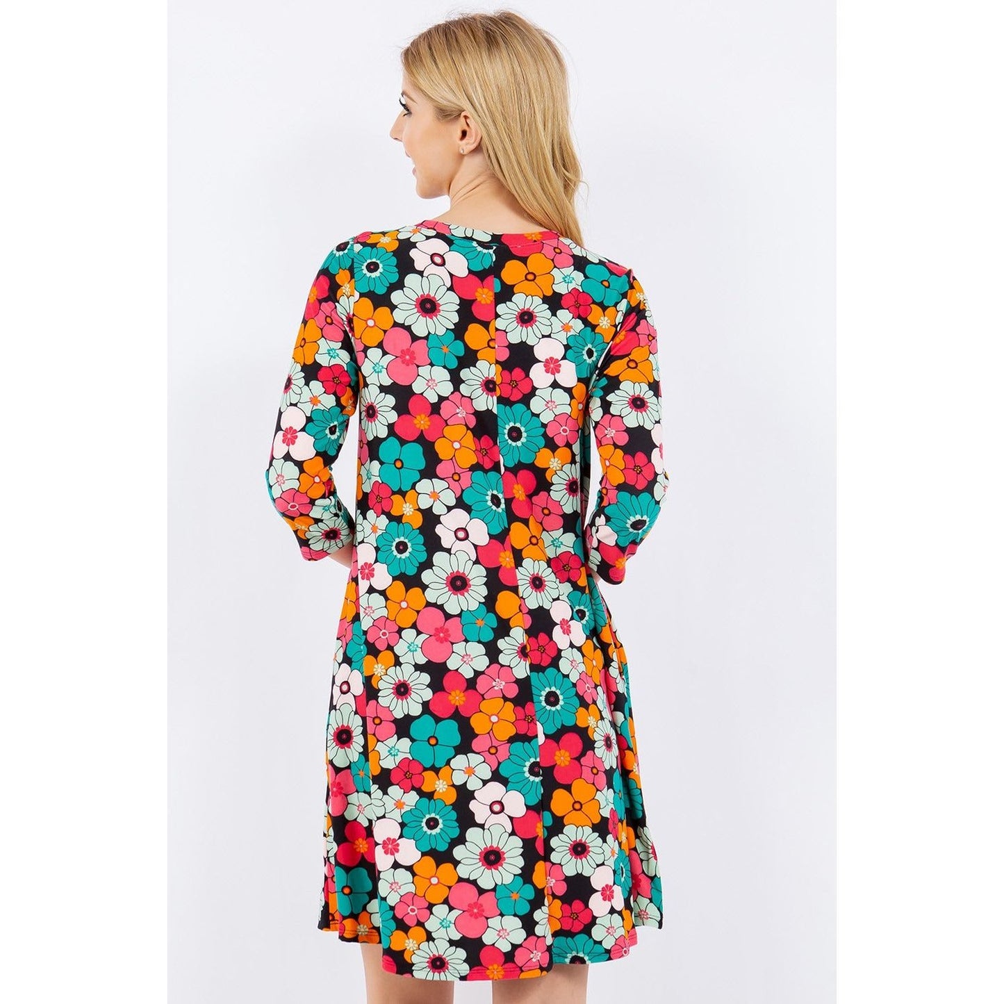 Celeste Full Size Floral Three-Quarter Sleeve Dress with Pockets