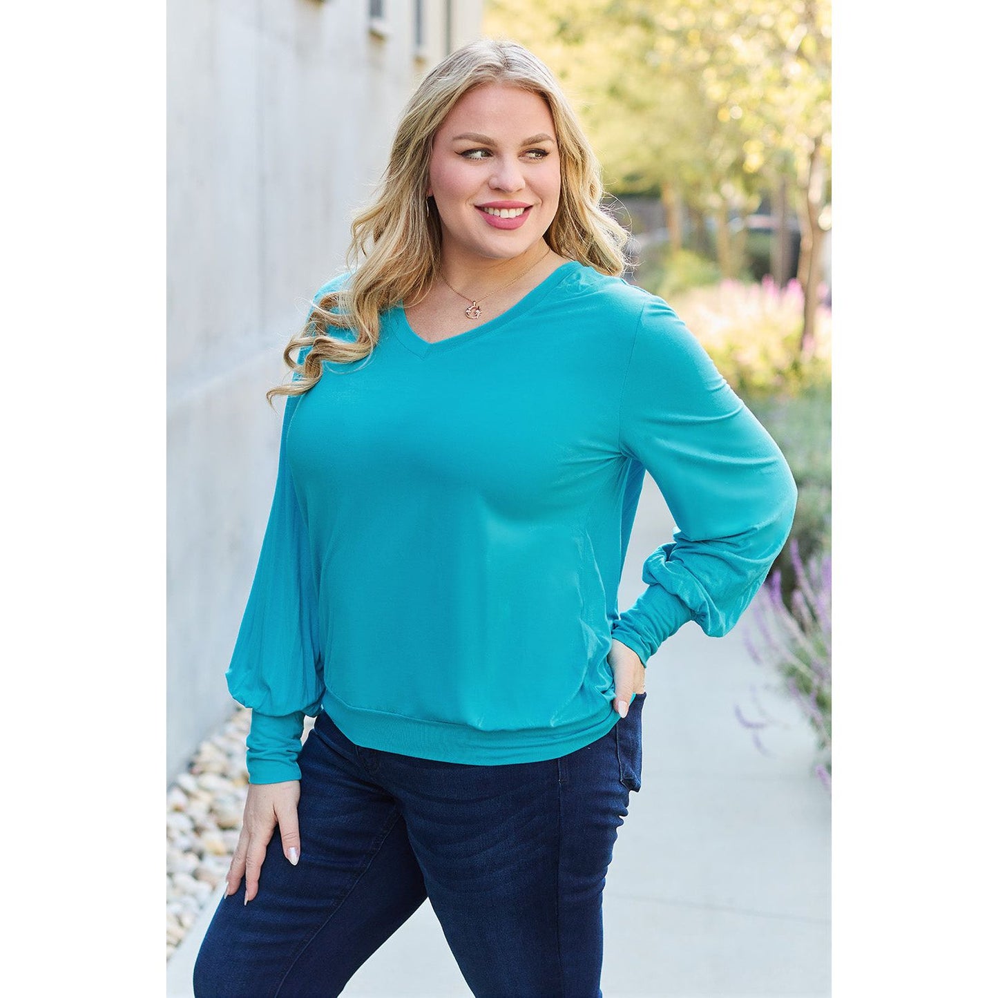 Basic Bae Full Size V-Neck Lantern Sleeve Top