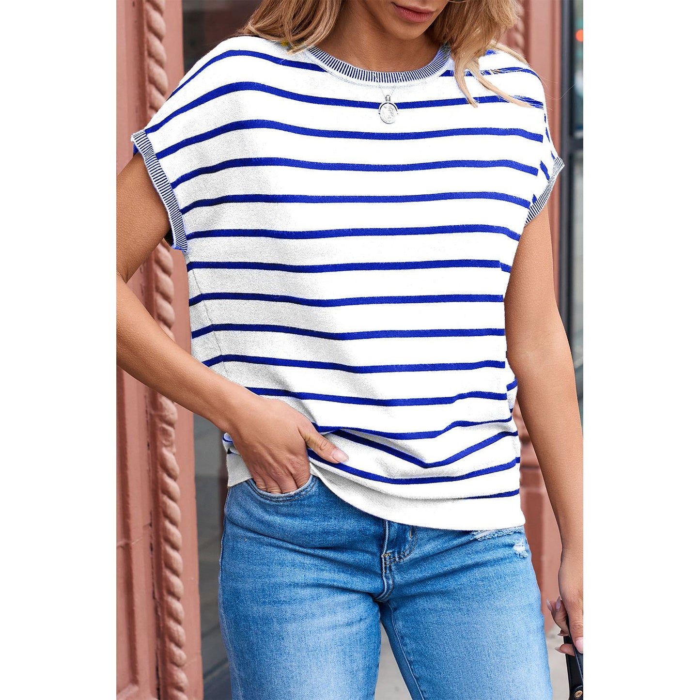 Striped Round Neck Cap Sleeve Knit Top