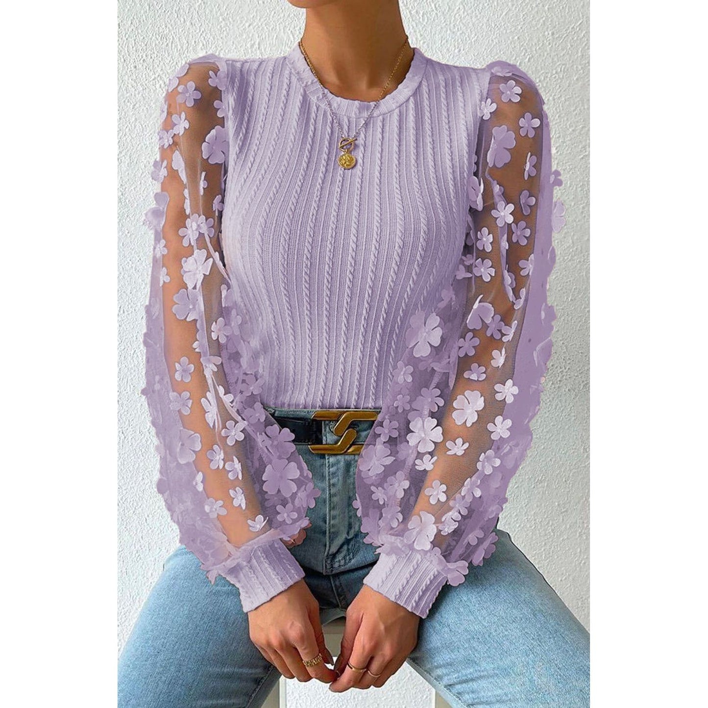 Double Take Textured Applique Long Sleeve Blouse