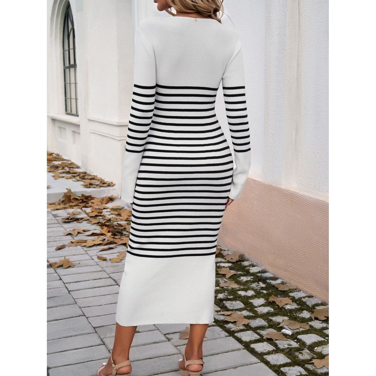 Devine Striped V-Neck Long Sleeve Sweater Dress