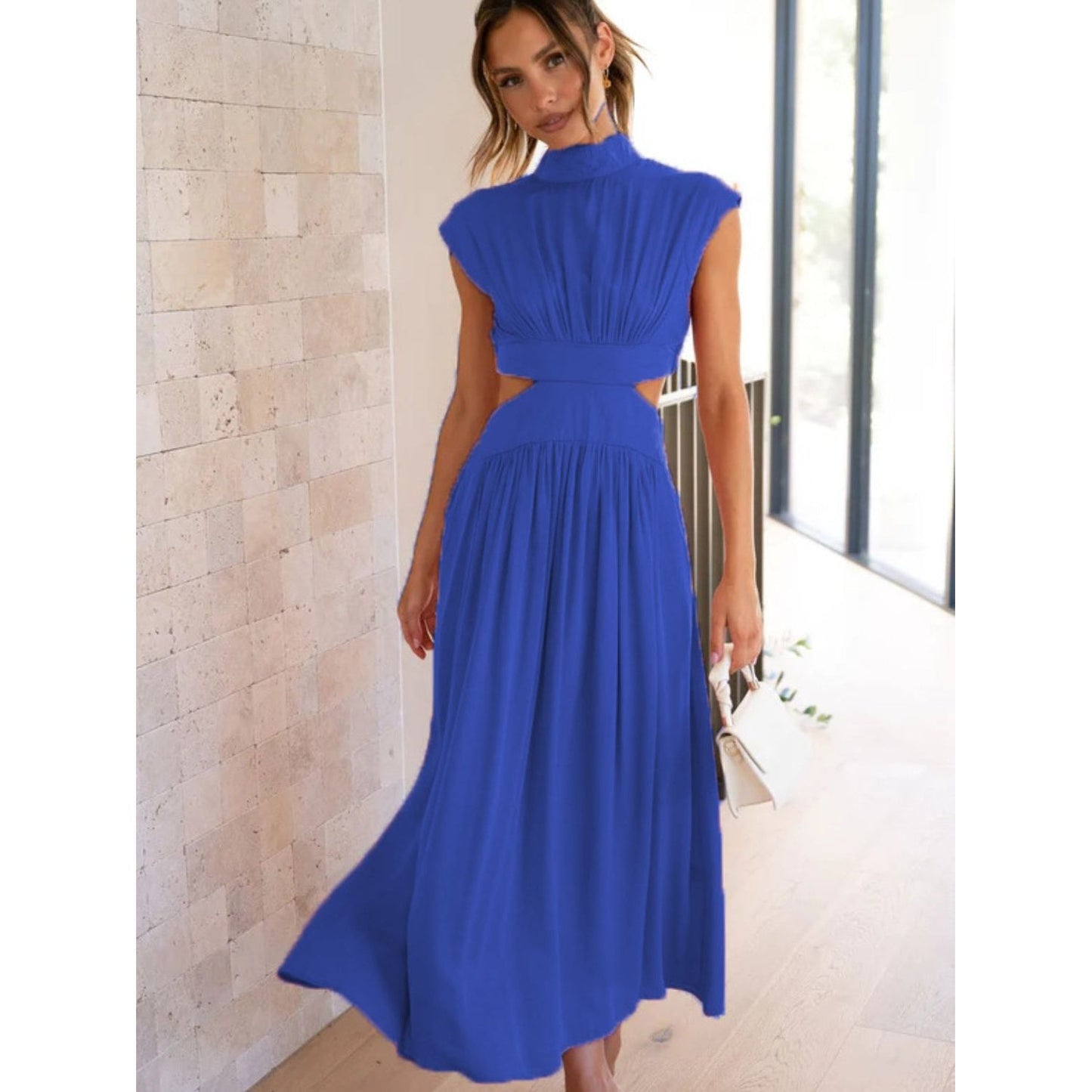 Cutout Mock Neck Sleeveless Ruched Dress