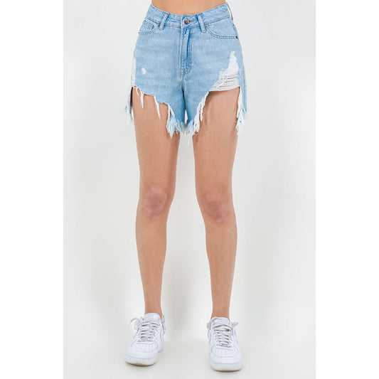 American Bazi High Waist Fringed Hem Denim Shorts