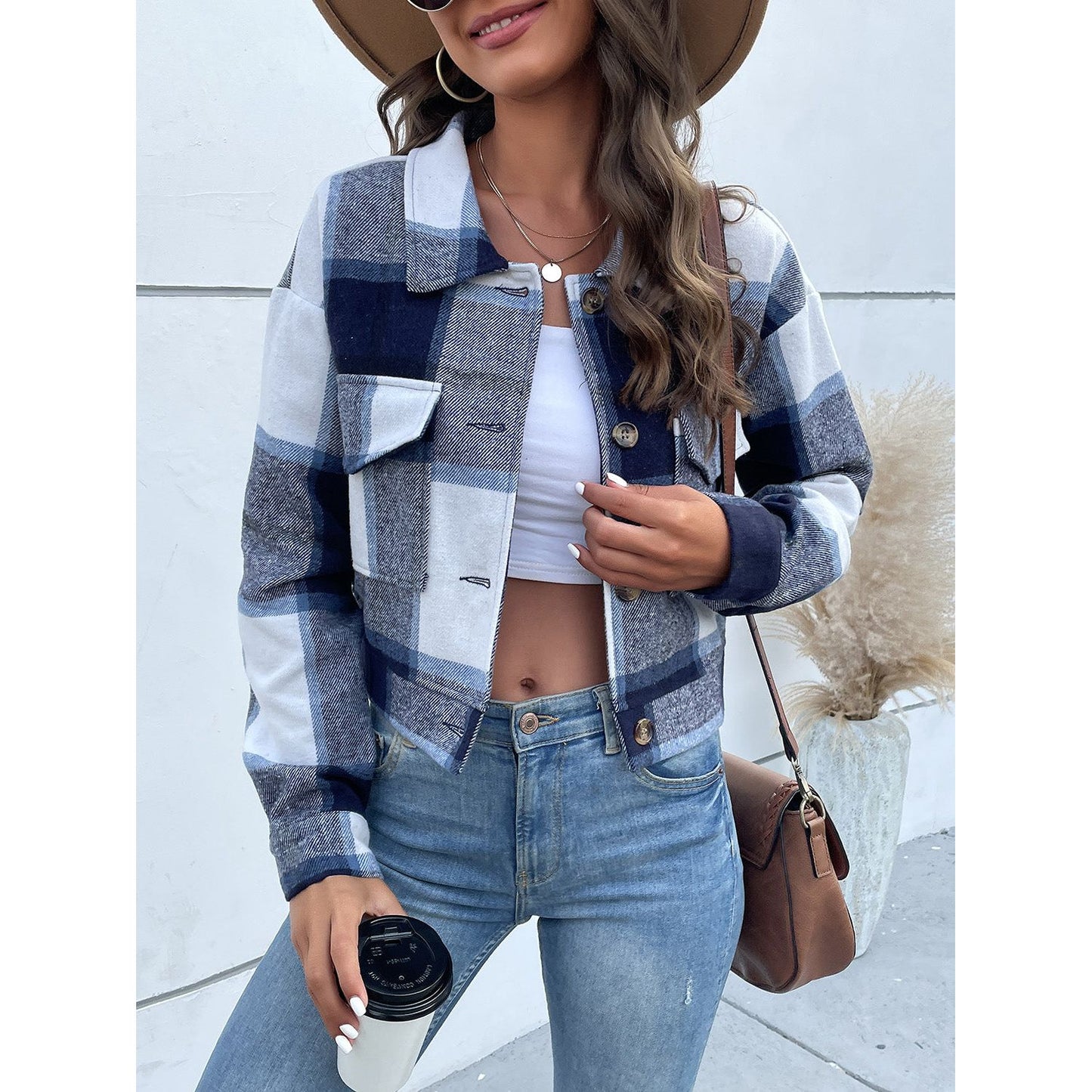 Perfee Plaid Button Up Drop Shoulder Cropped Jacket