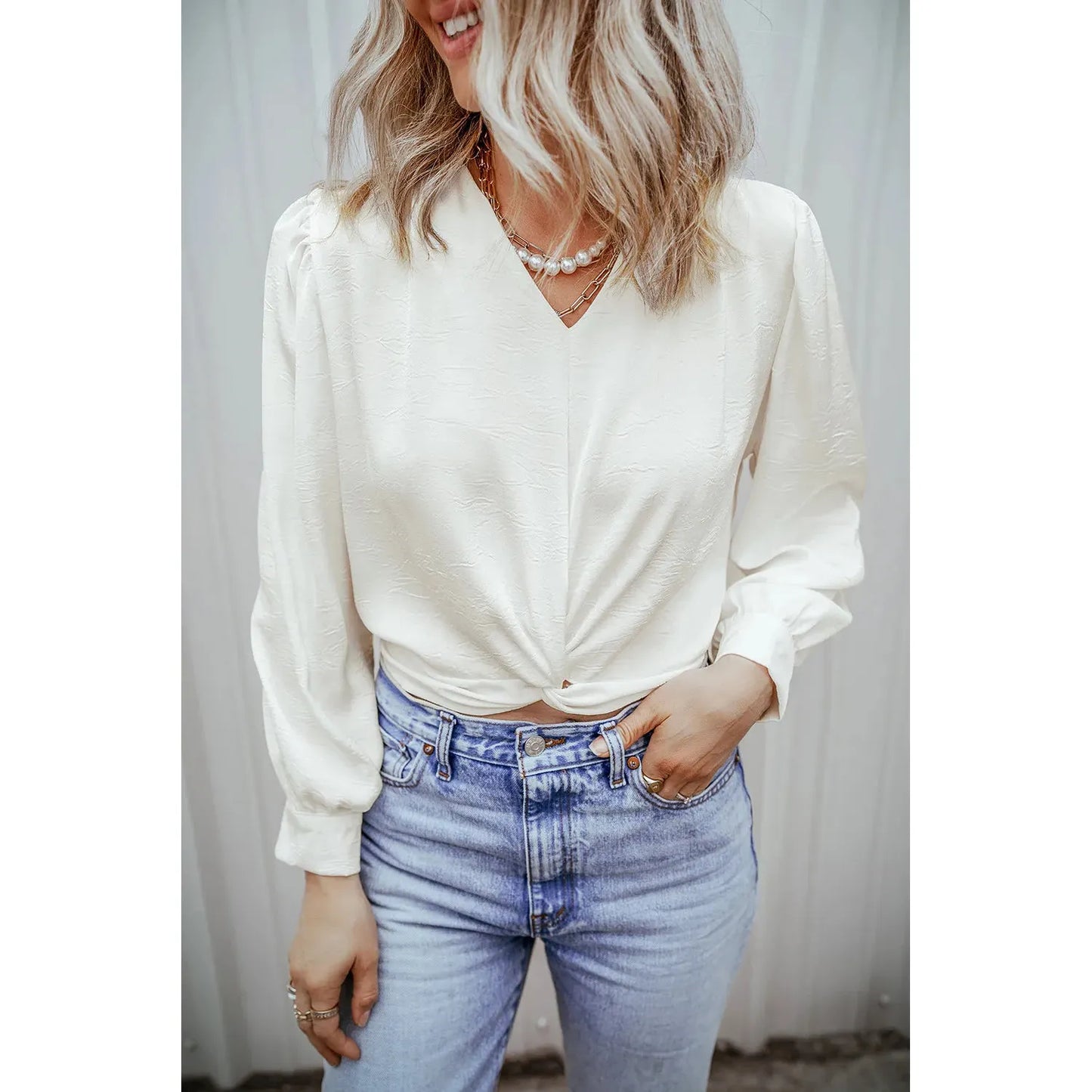 Textured V-Neck Long Sleeve Blouse