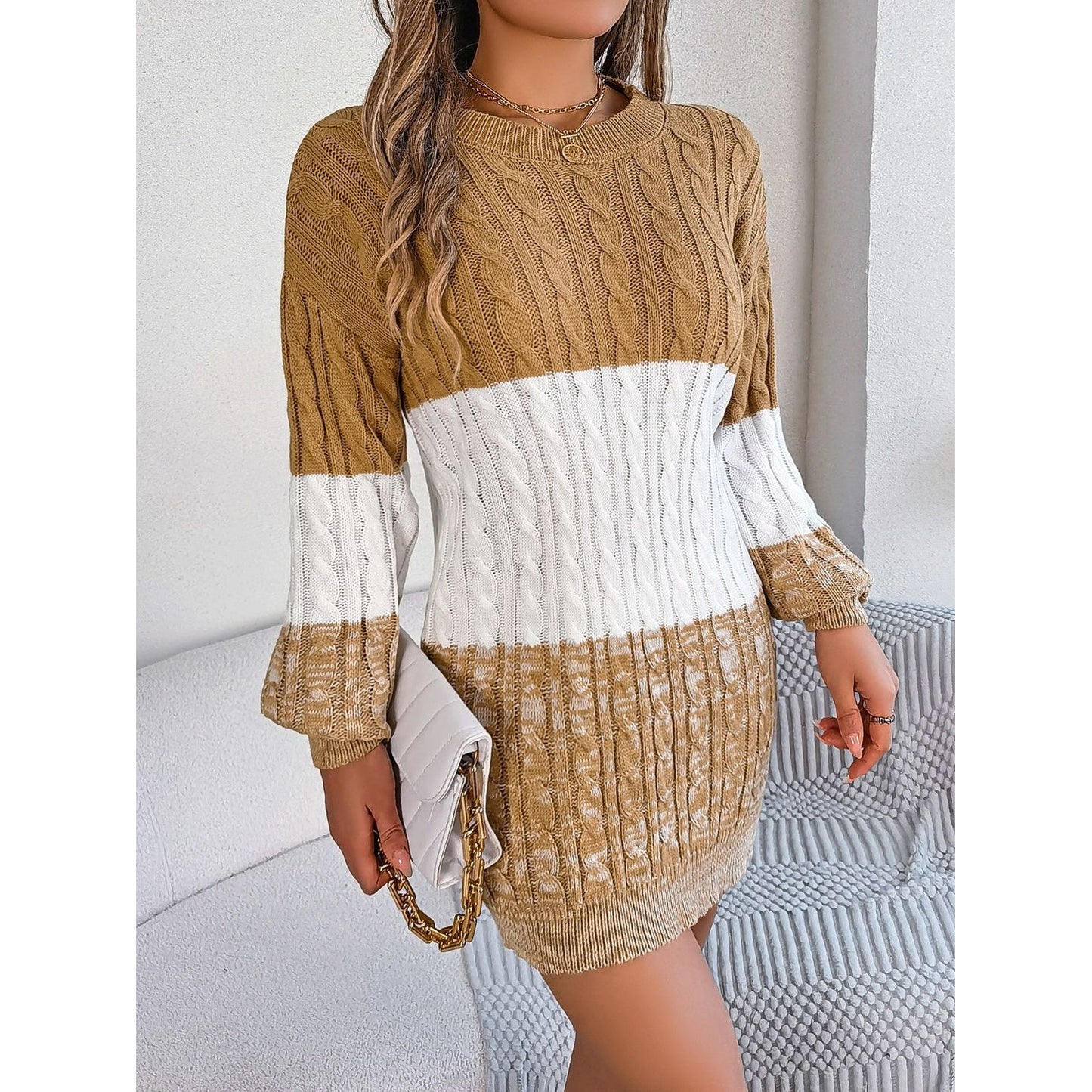 Cable-Knit Round Neck Color Block Sweater Dress