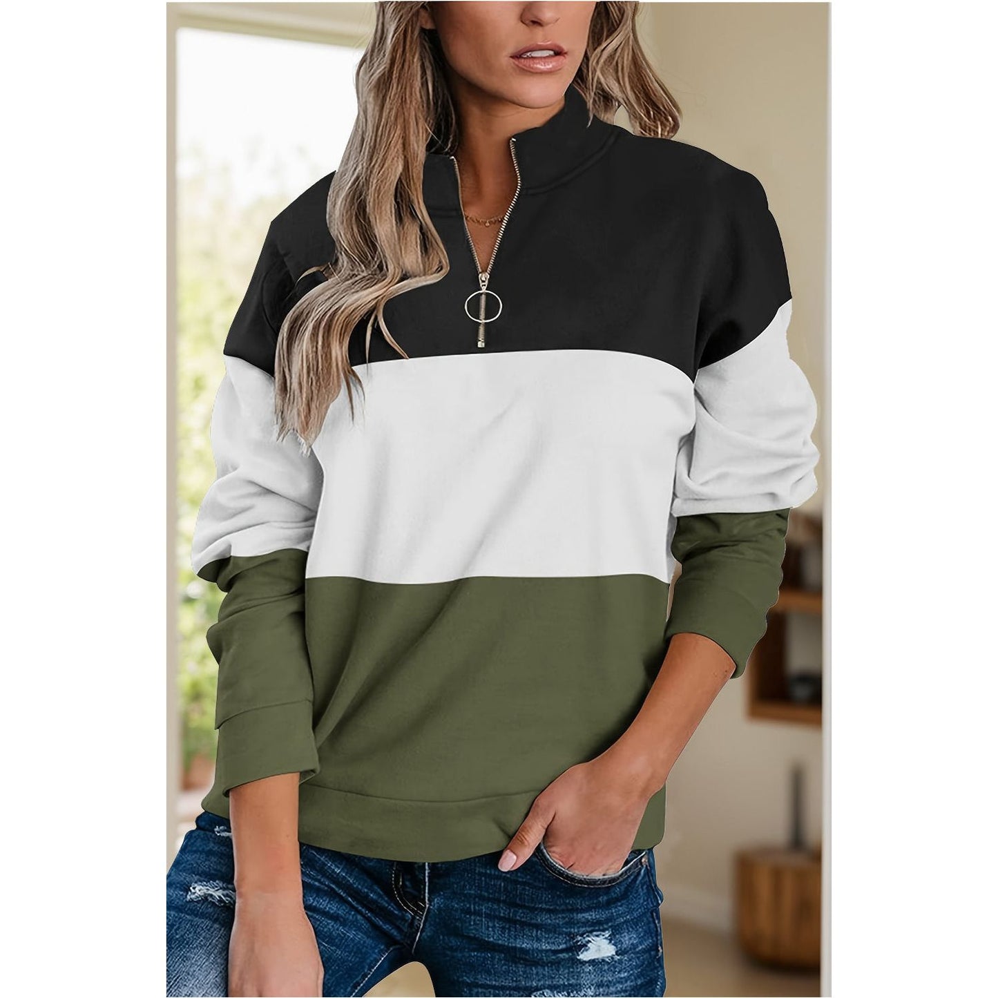 Full Size Color Block Quarter Zip Long Sleeve Sweatshirt