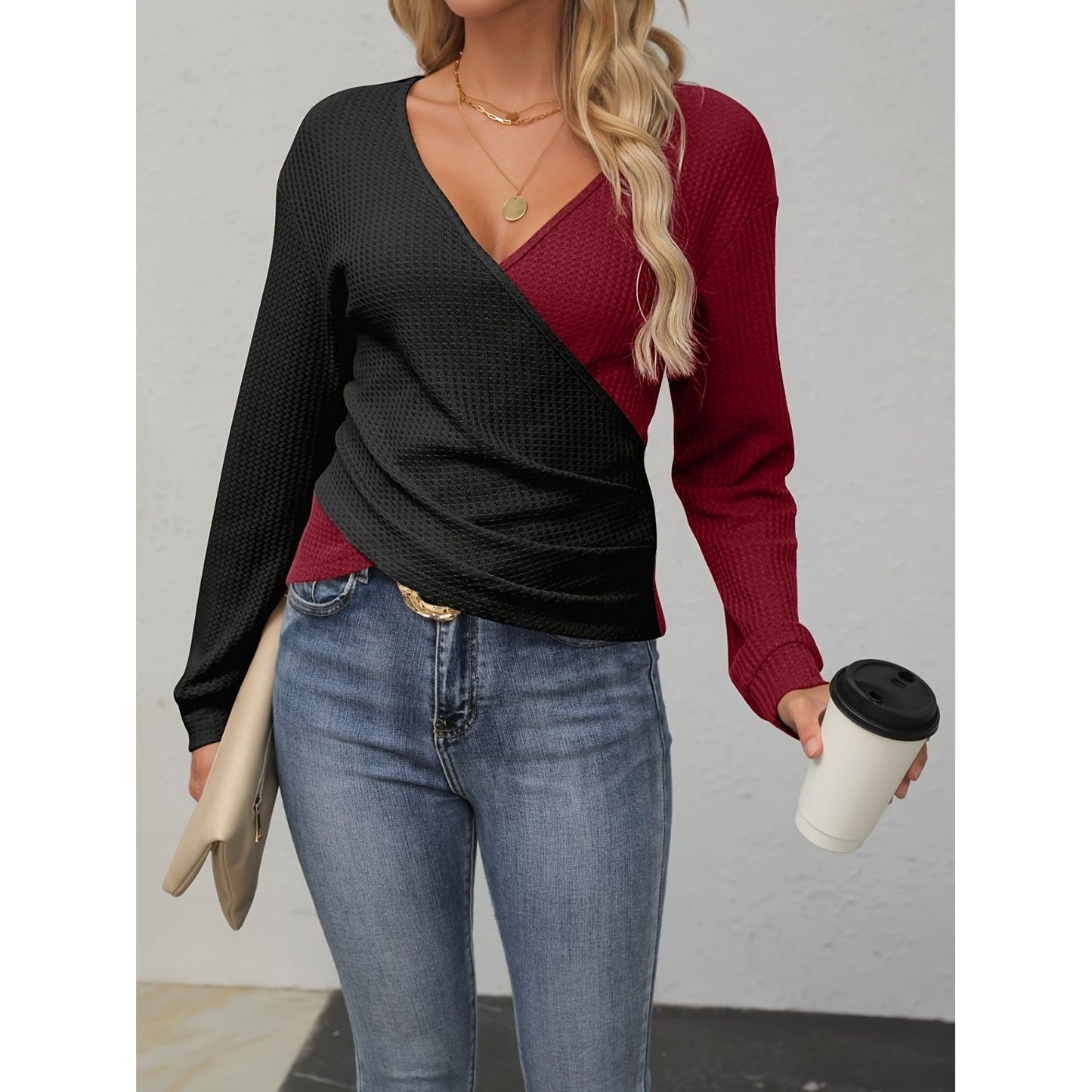 Contrast Surplice Long Sleeve Top