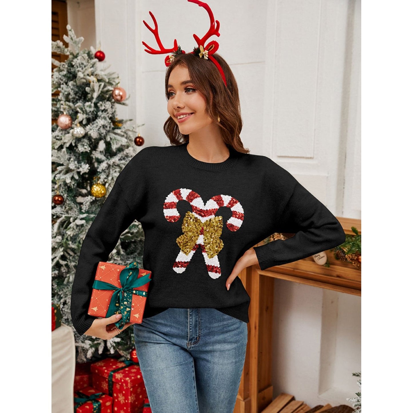 Sequin Candy Cane Round Neck Long Sleeve Sweater