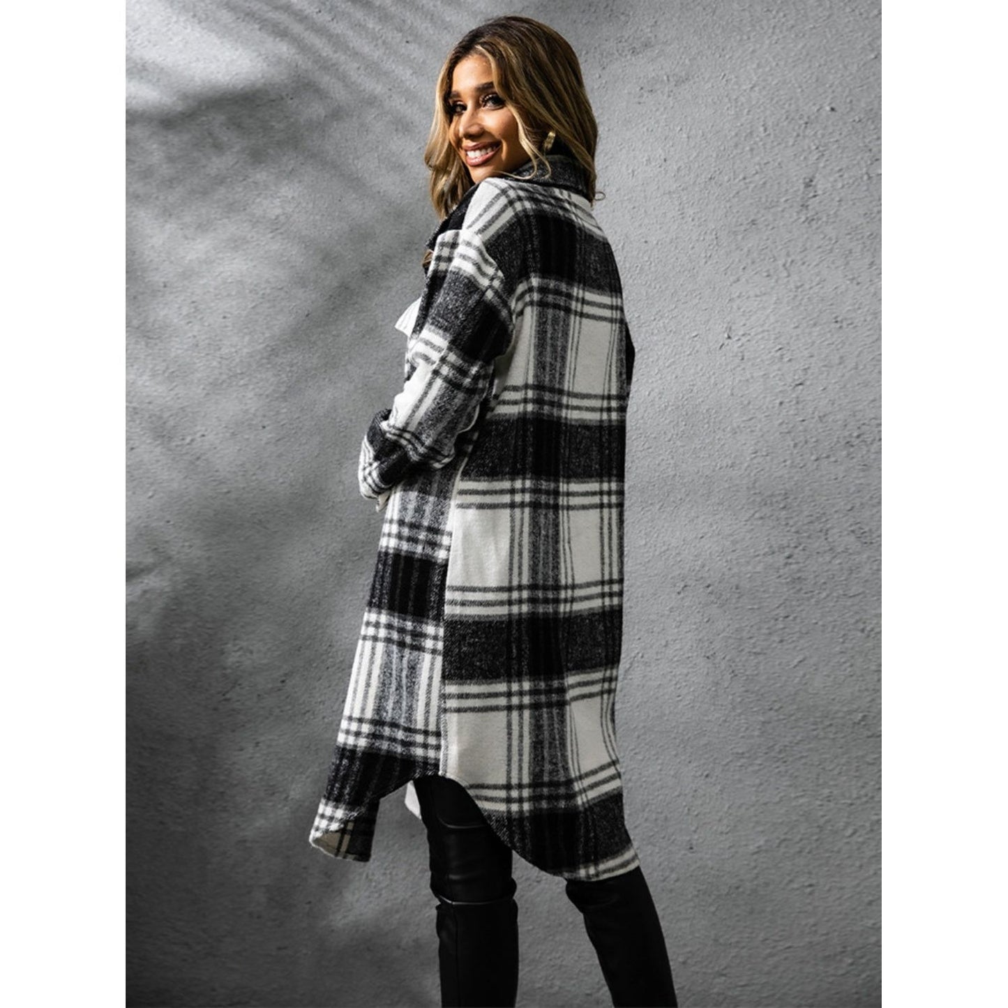 Plaid Collared Neck Long Sleeve Coat