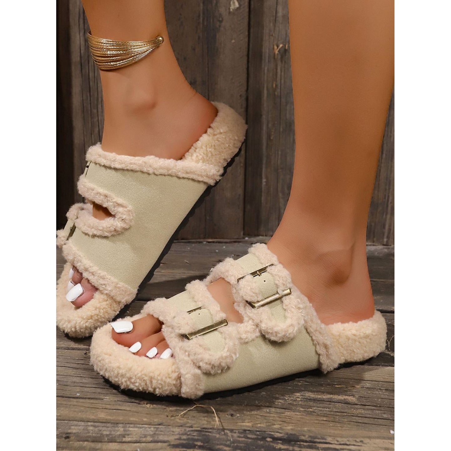 Faux Fur Contrast Open Toe Slippers