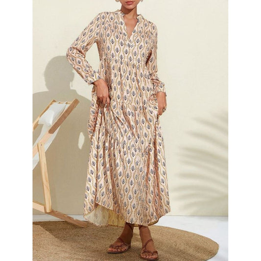 Printed Notched Long Sleeve Midi Dress