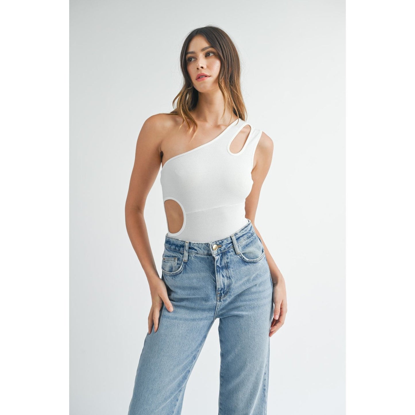 MABLE One Shoulder Ribbed Cutout Detail Bodysuit