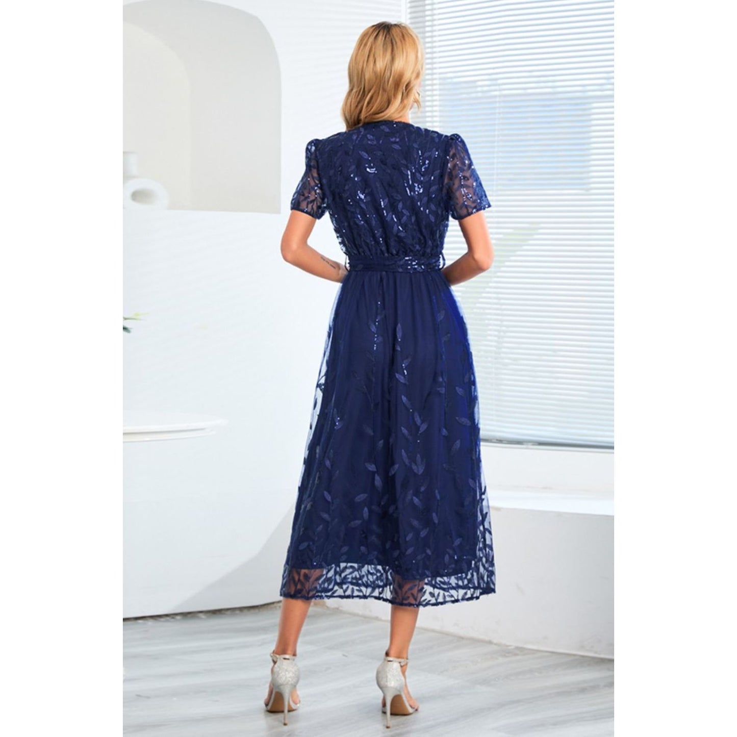 Sequin Leaf Embroidery Tie Front Short Sleeve Dress