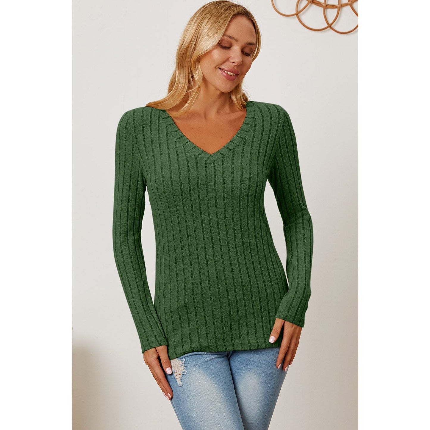 Basic Bae Full Size Ribbed V-Neck Long Sleeve T-Shirt