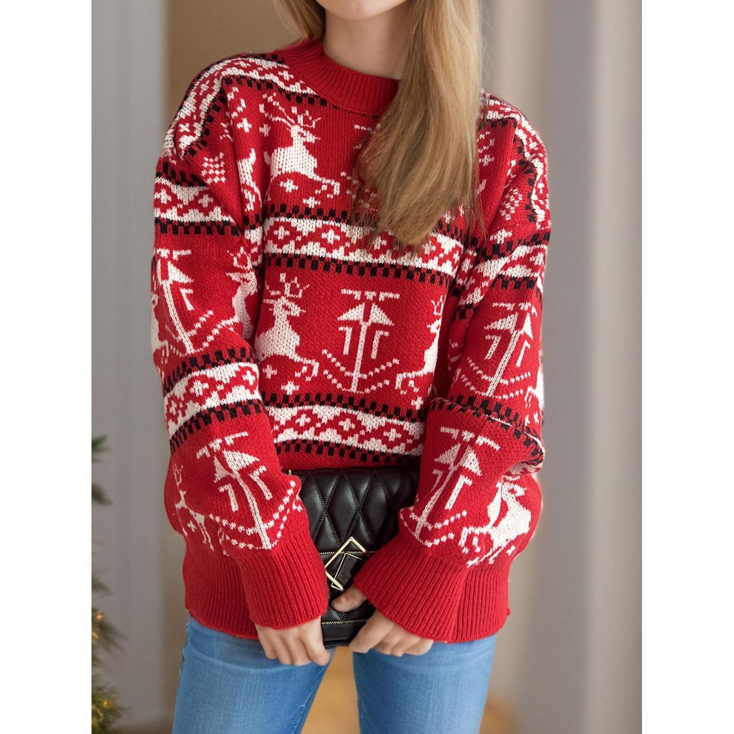 Christmas Element Round Neck Long Sleeve Sweater