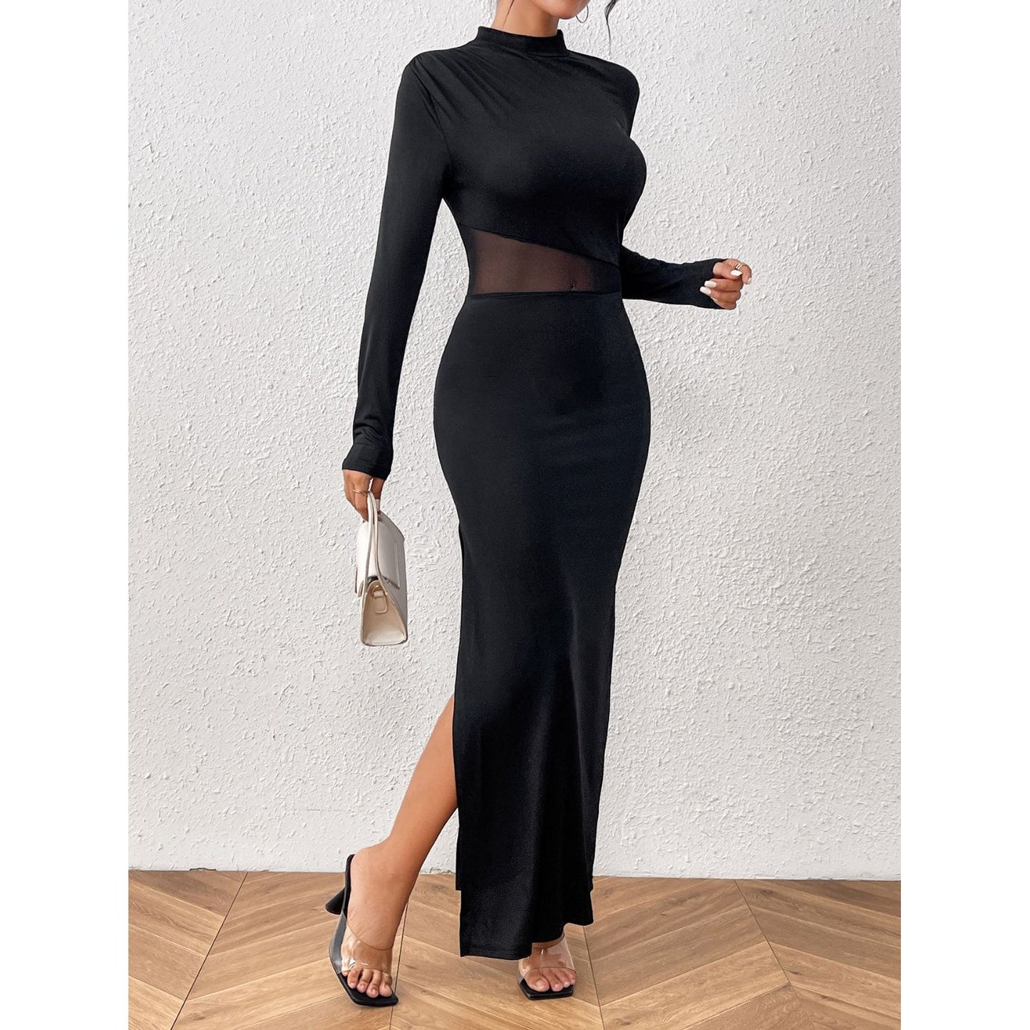 Honey Slit Mock Neck Long Sleeve Maxi Dress