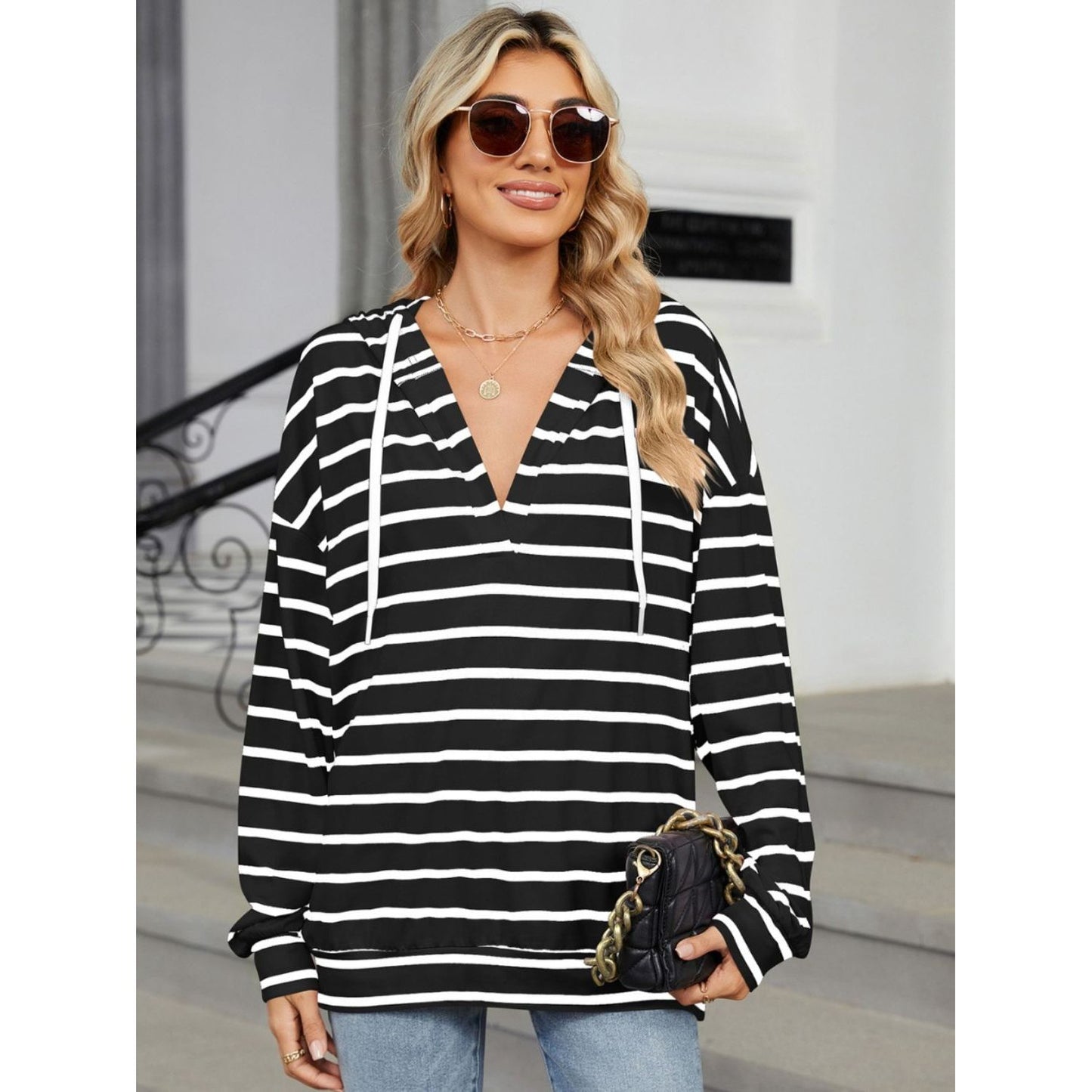 Drawstring Striped Long Sleeve Hoodie