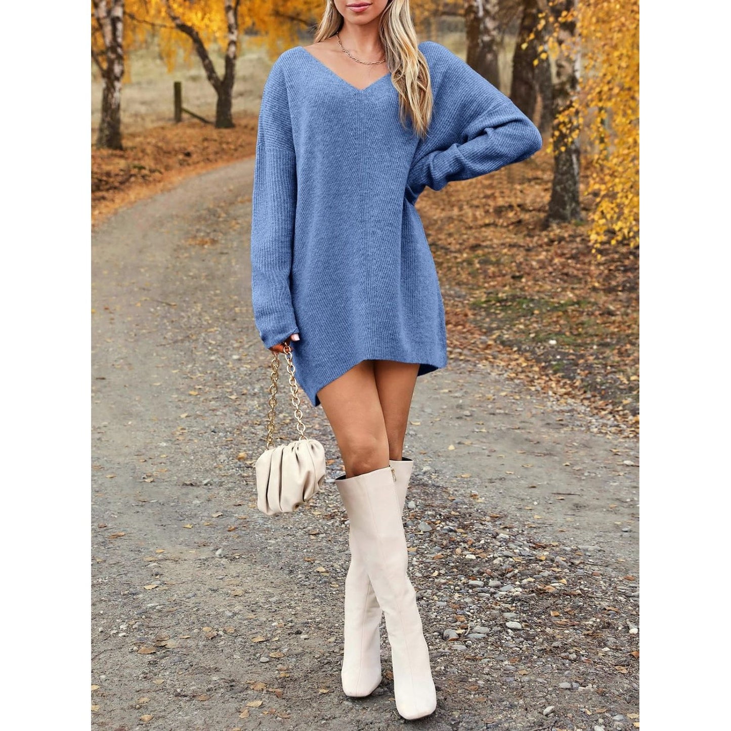 V-Neck Dropped Shoulder Sweater Dress