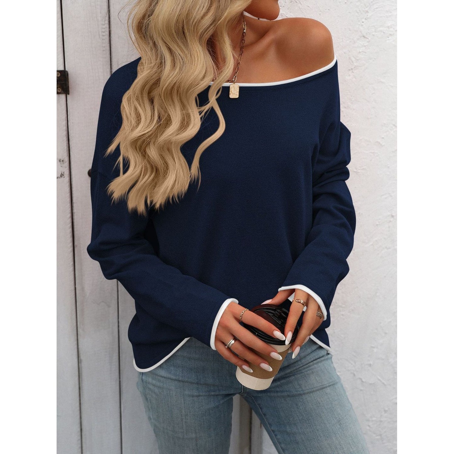 Mandy Contrast Trim Round Neck Long Sleeve Sweater