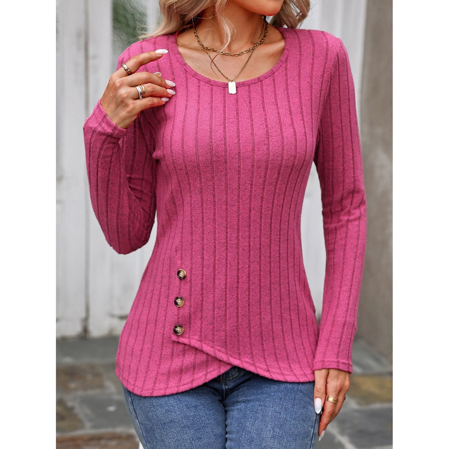 Decorative Button Round Neck Long Sleeve T-Shirt