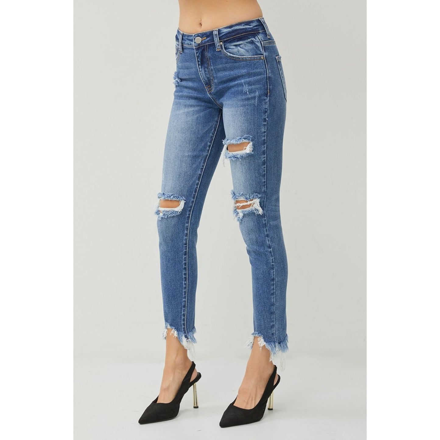 RISEN Distressed Frayed Hem Slim Jeans