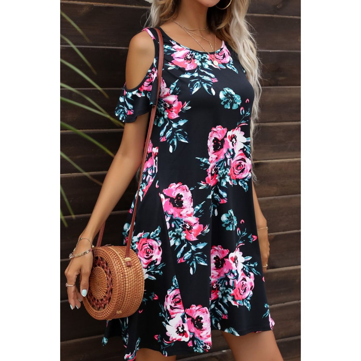 Floral Round Neck Cold-Shoulder Dress