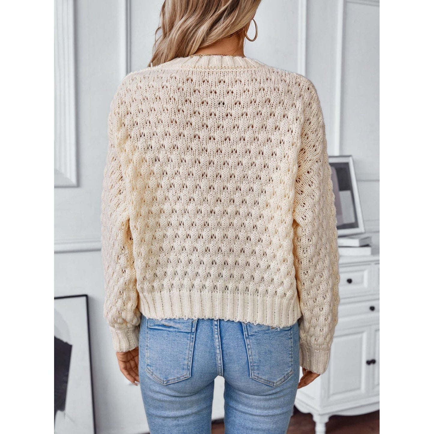 Cable-Knit Round Neck Long Sleeve Sweater