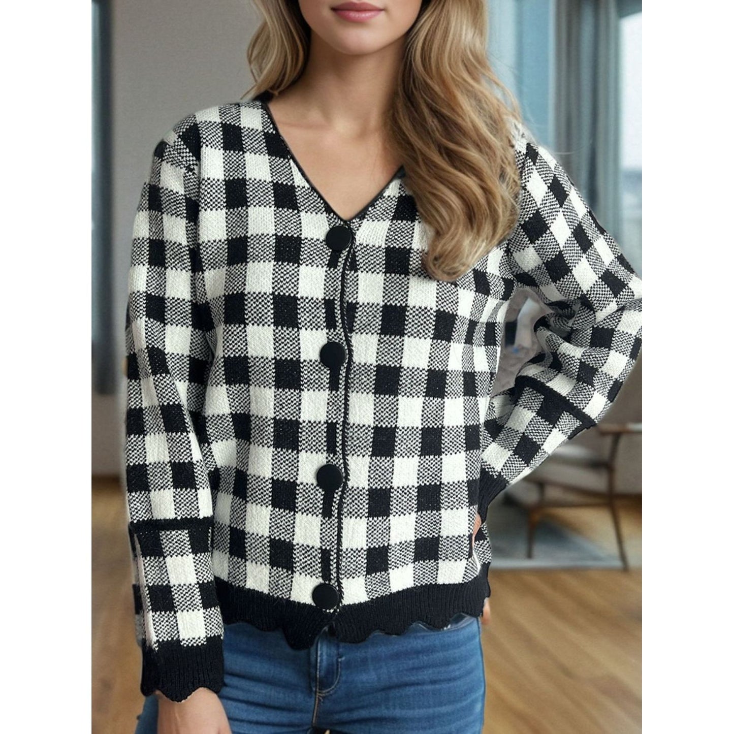 Plaid V-Neck Button Up Cardigan