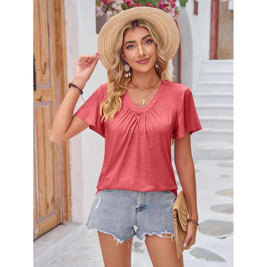 Double Take Ruched V-Neck Short Sleeve T-Shirt