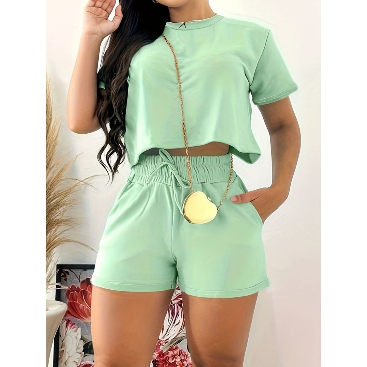 Full Size Round Neck Short Sleeve Top and Shorts Set