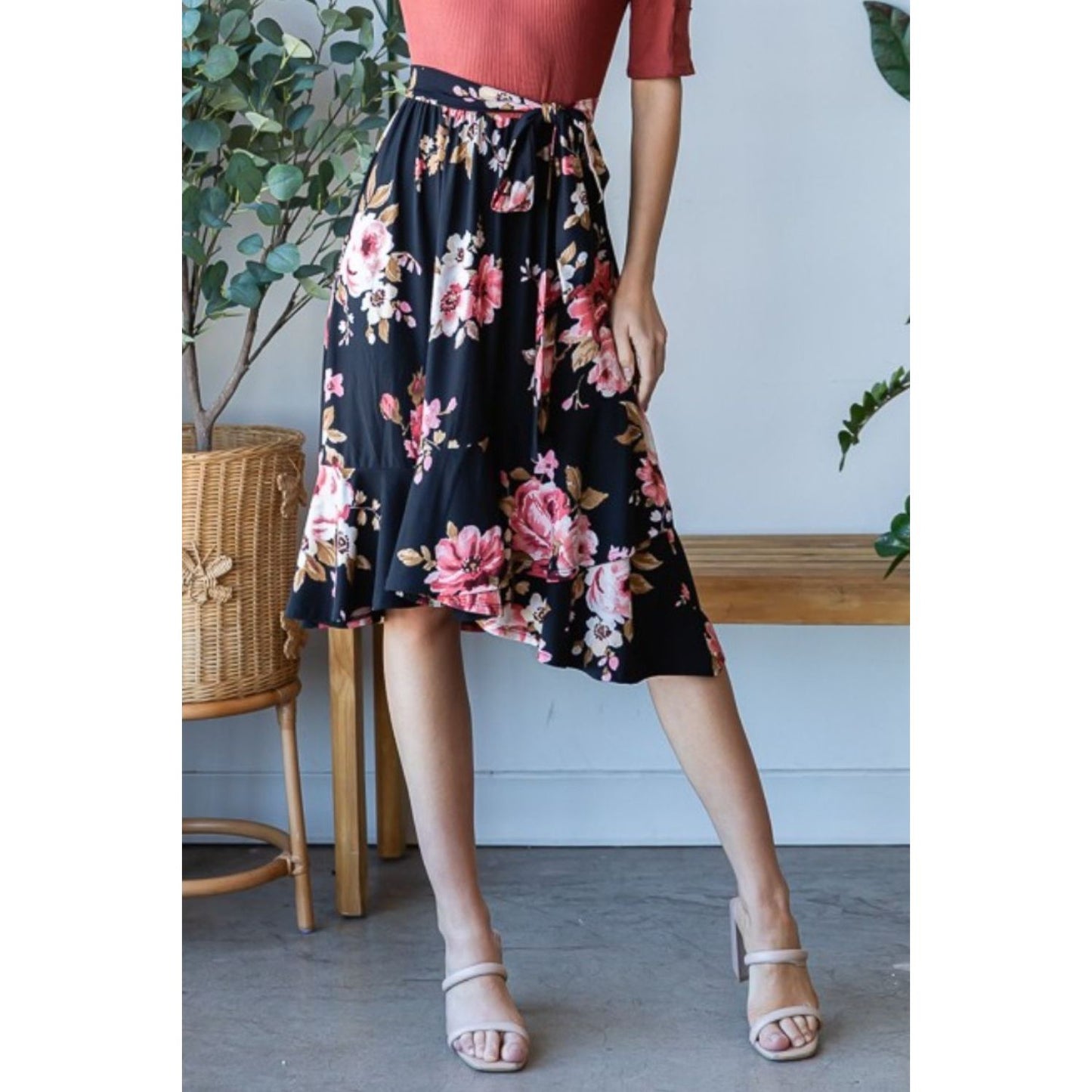 Reborn J Floral Wrap Ruffle Hem Skirt