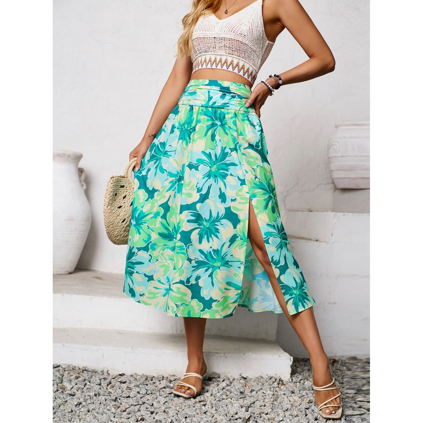 Slit Printed Midi Skirt