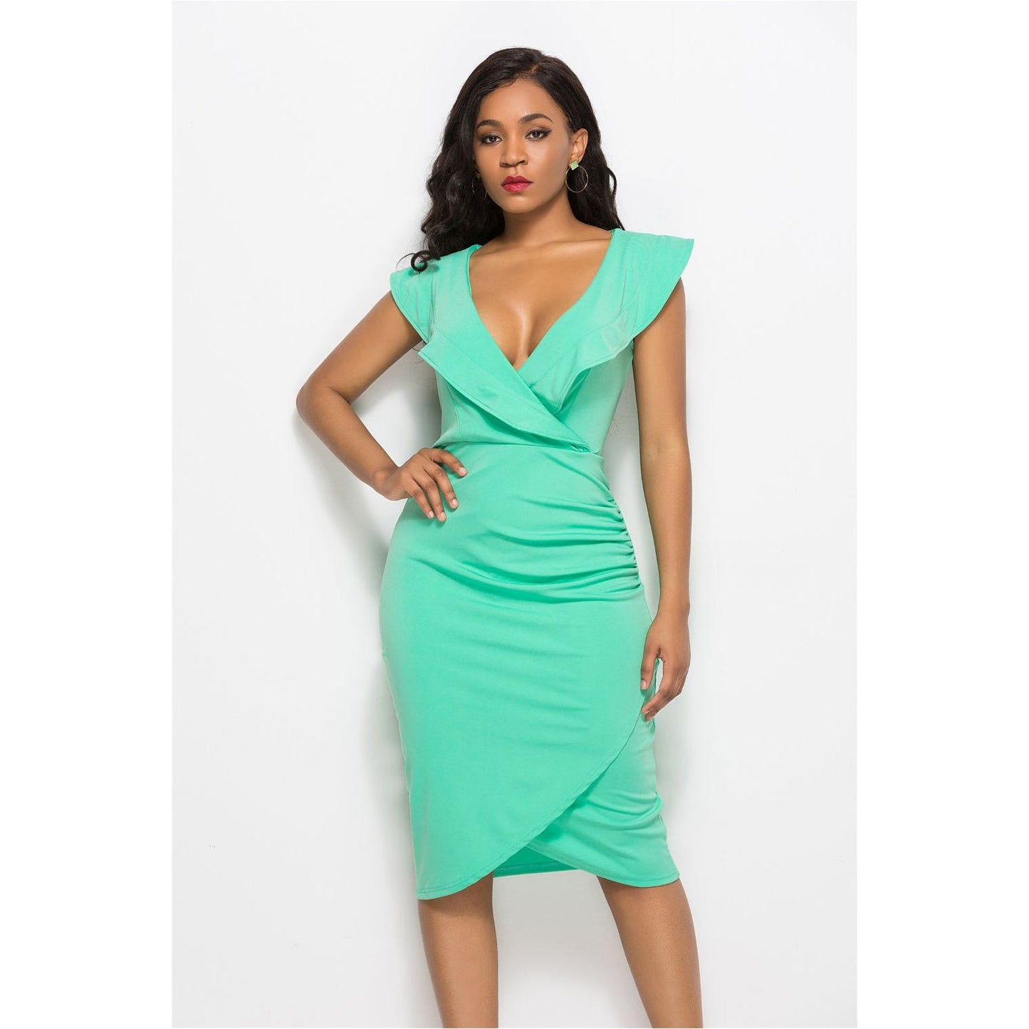 Ruched Ruffled Cap Sleeve Dress