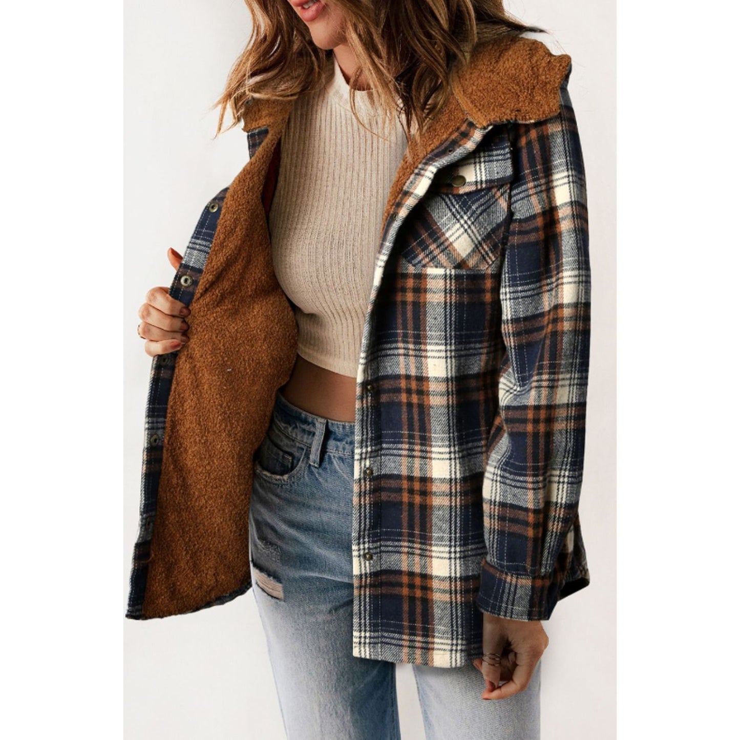 Plaid Button Up Long Sleeve Hooded Jacket