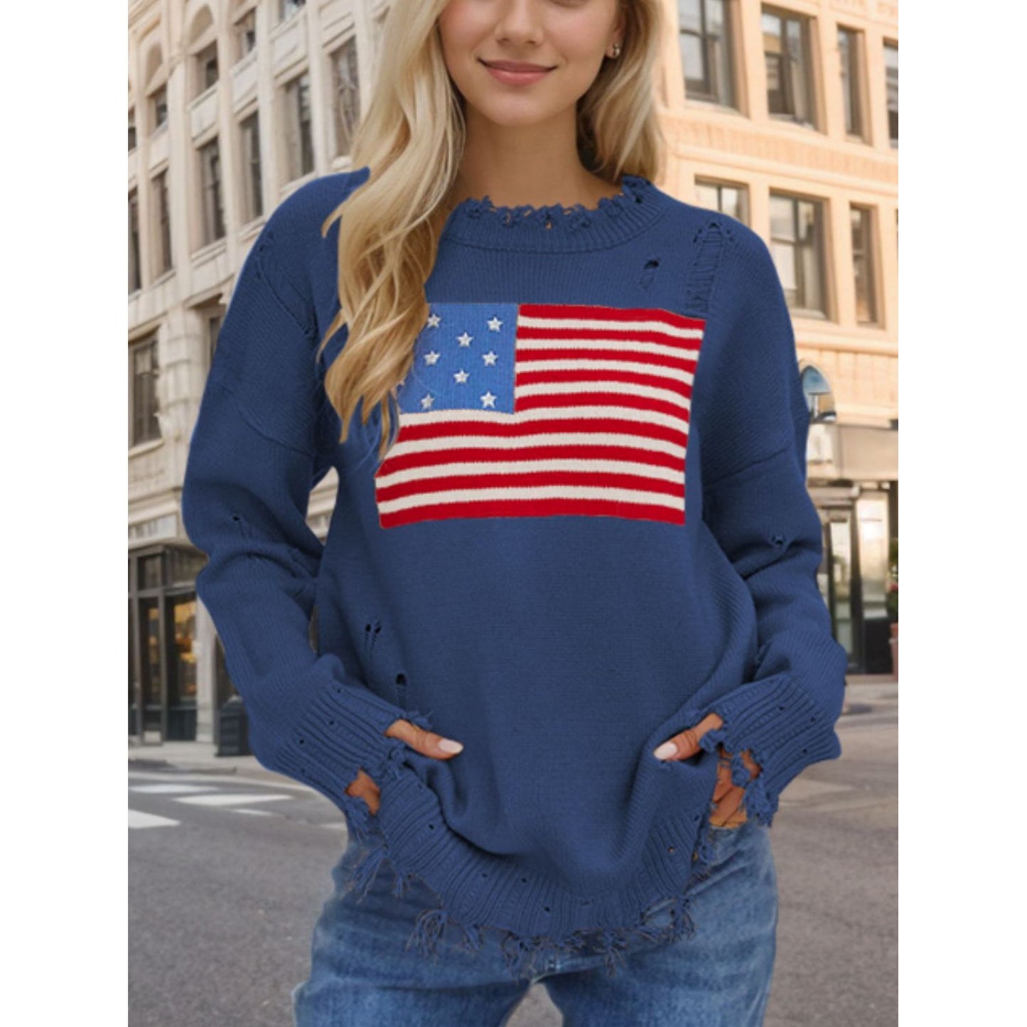 US Flag Distressed Round Neck Long Sleeve Sweater