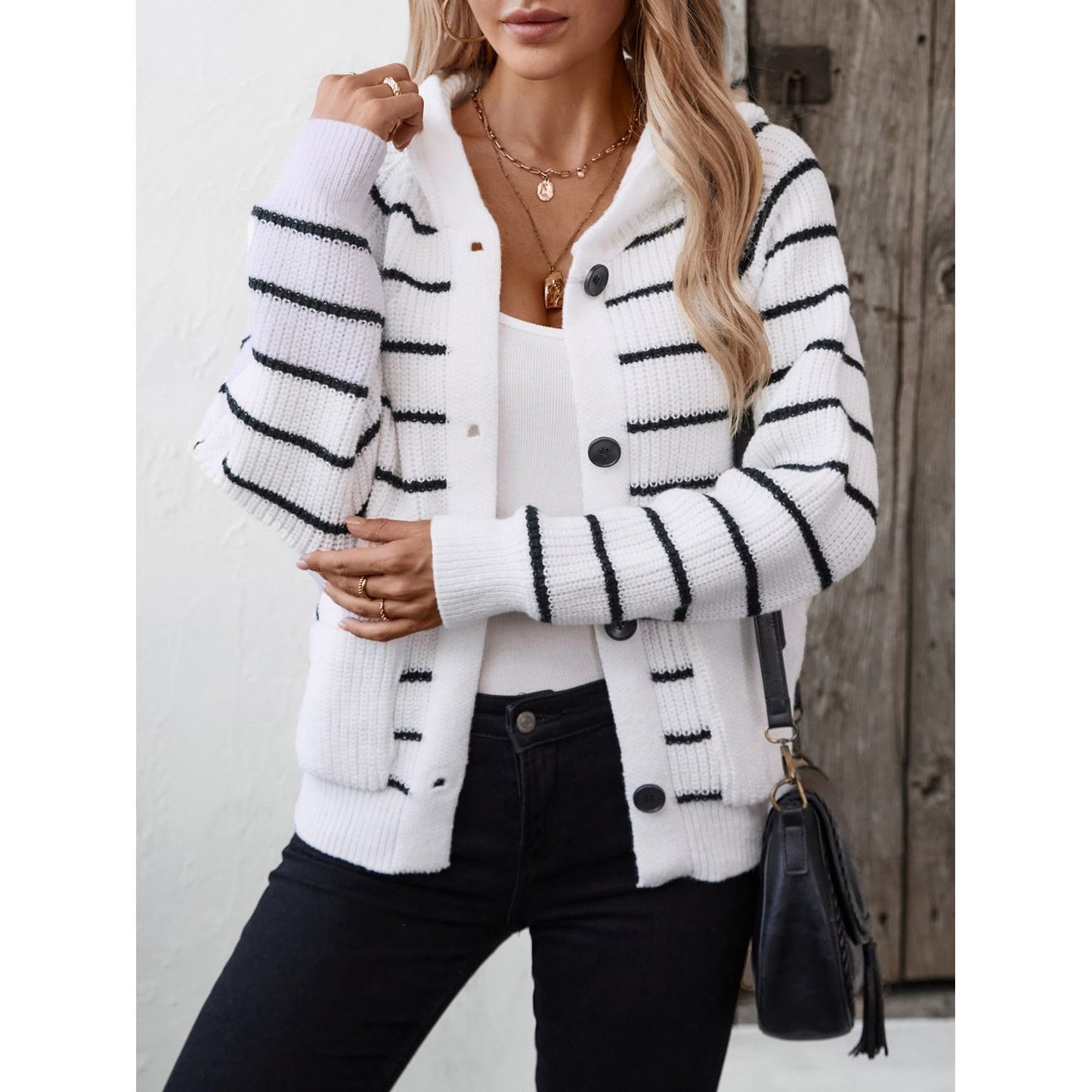 Striped Button Up Long Sleeve Hooded Cardigan