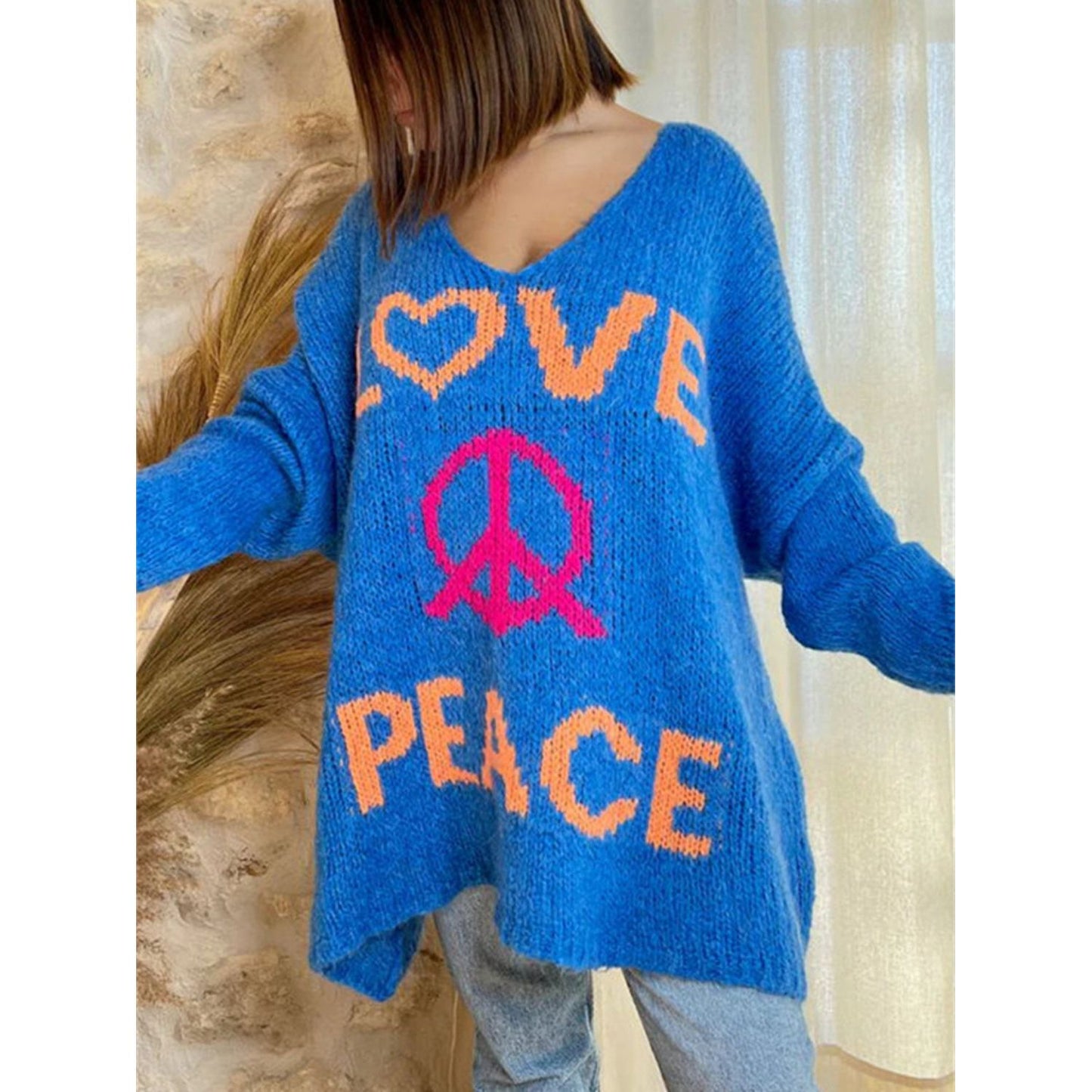 Peace Graphic V-Neck Long Sleeve Sweater