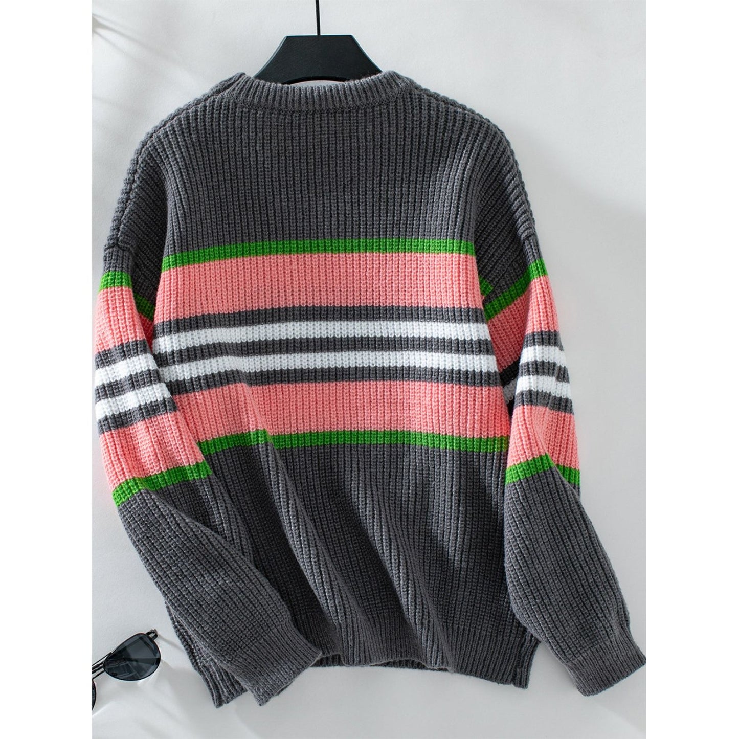 Contrast Stripes Round Neck Long Sleeve Sweater