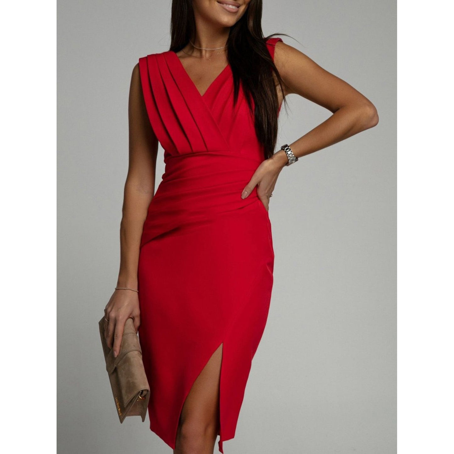 Slit Ruched Surplice Tank Dress