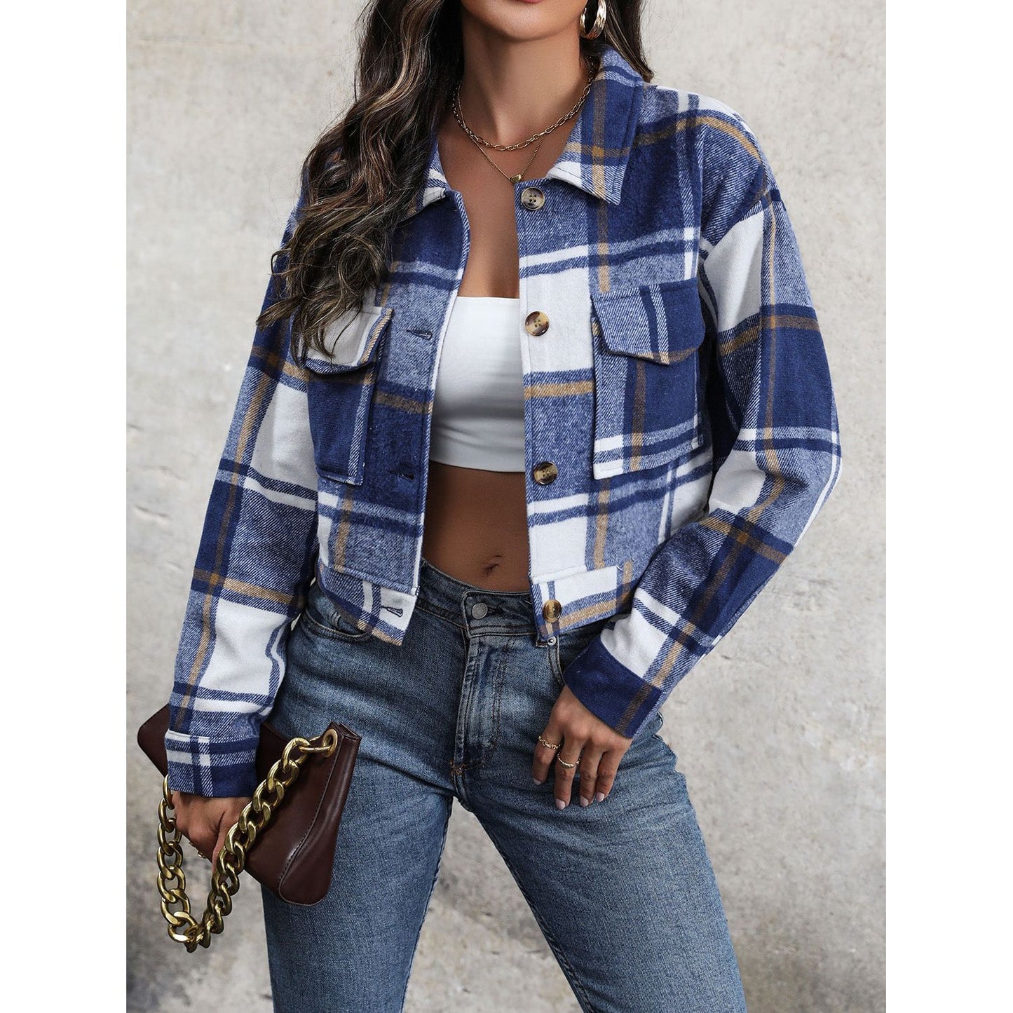 Perfee Plaid Button Up Drop Shoulder Cropped Jacket