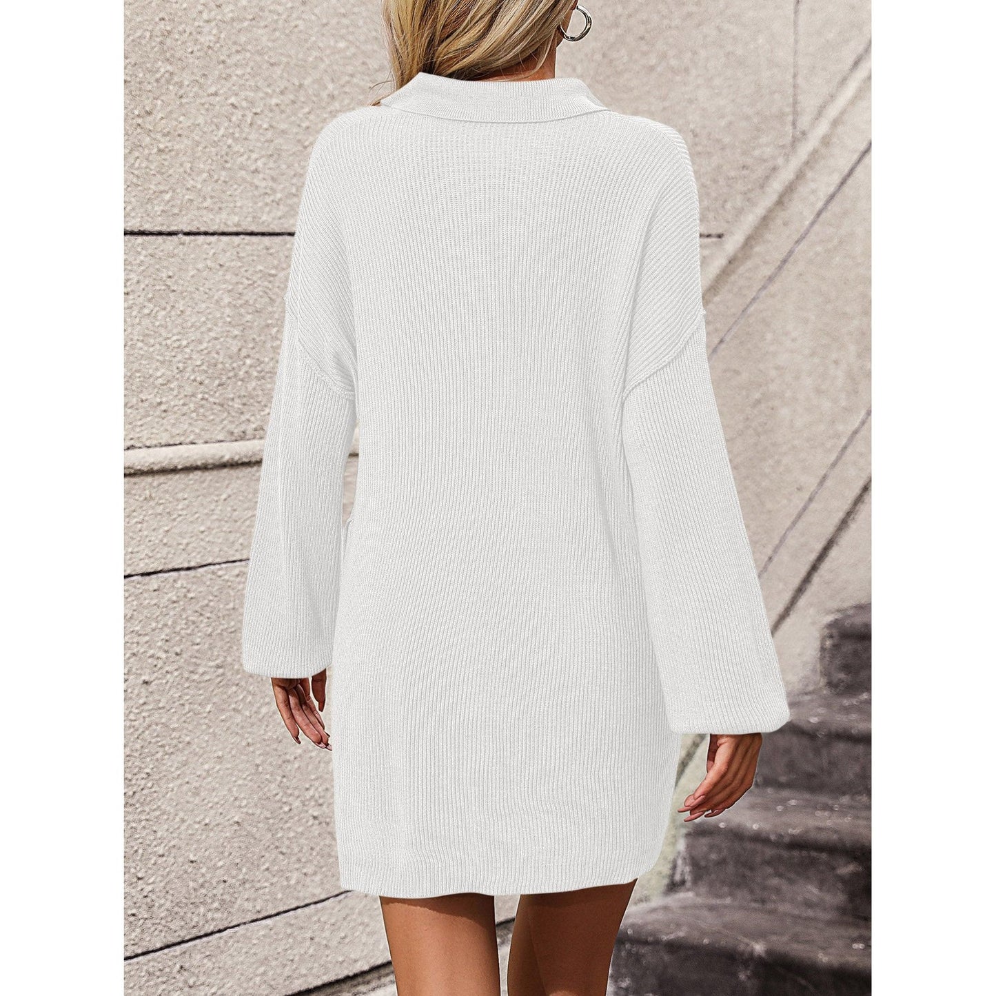 Collared Neck Long Sleeve Sweater Dress with Pockets