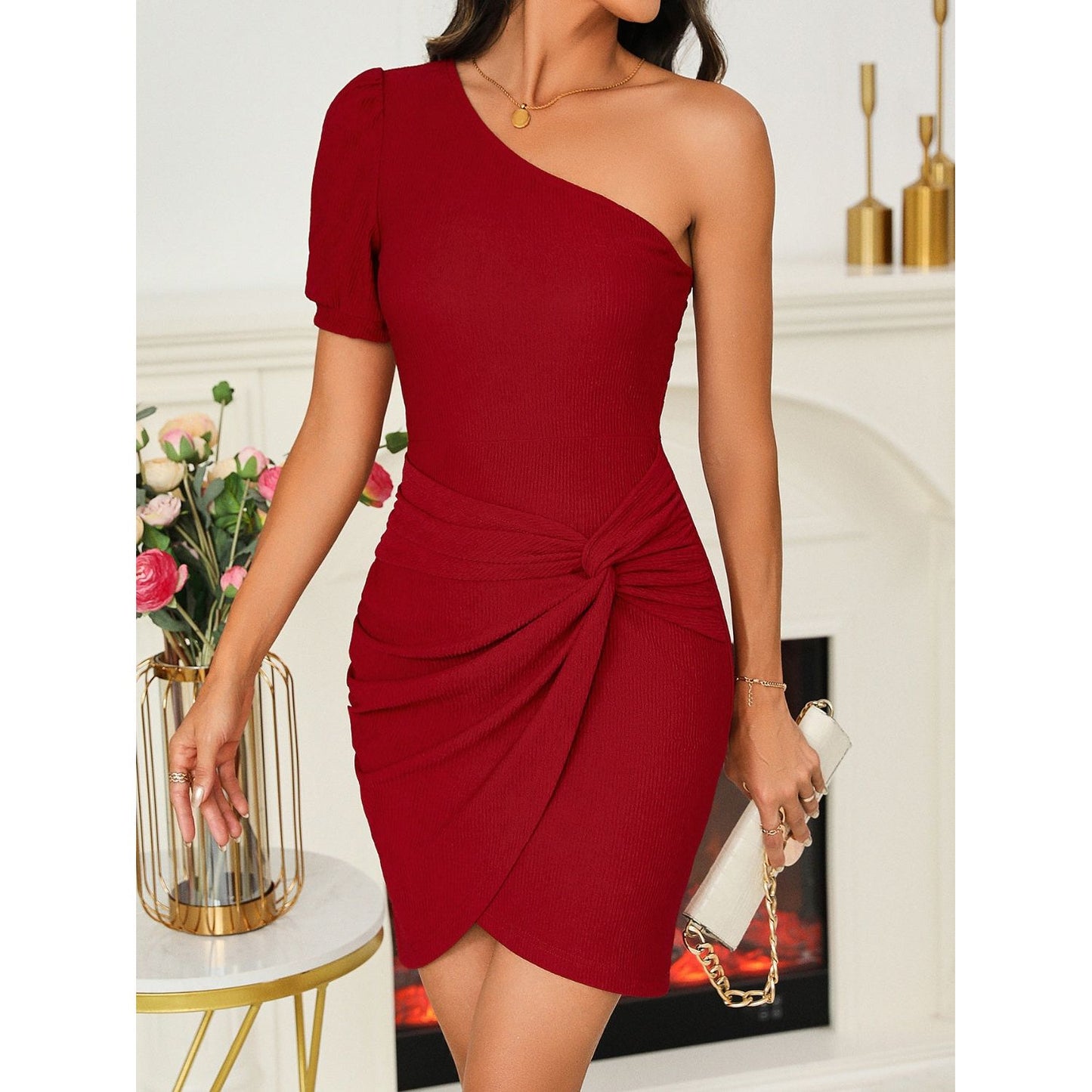 Twisted Single Shoulder Short Sleeve Dress