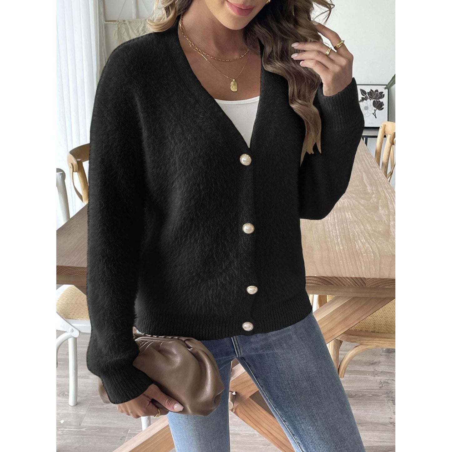 Button Up V-Neck Long Sleeve Cardigan