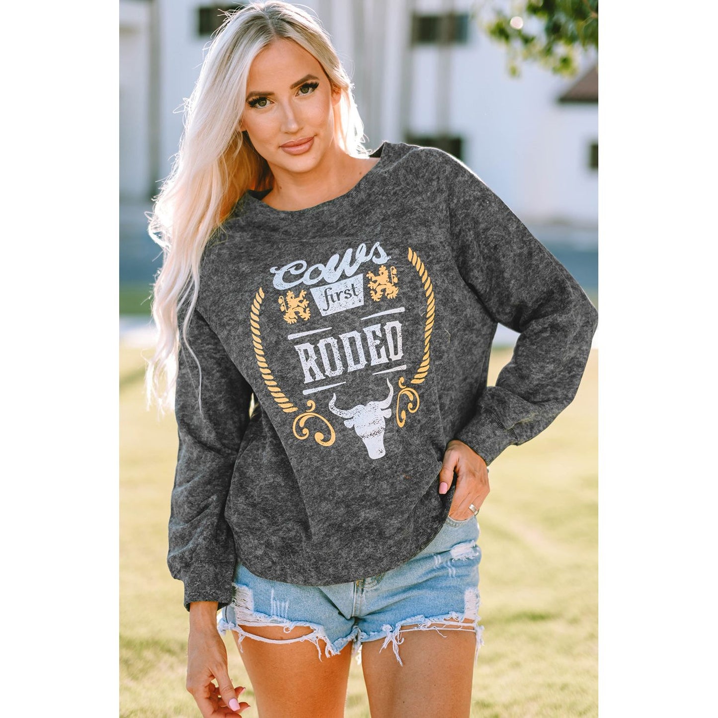 Mineral Washed COW'S FIRST RODEO Round Neck Raglan Sleeve Sweatshirt