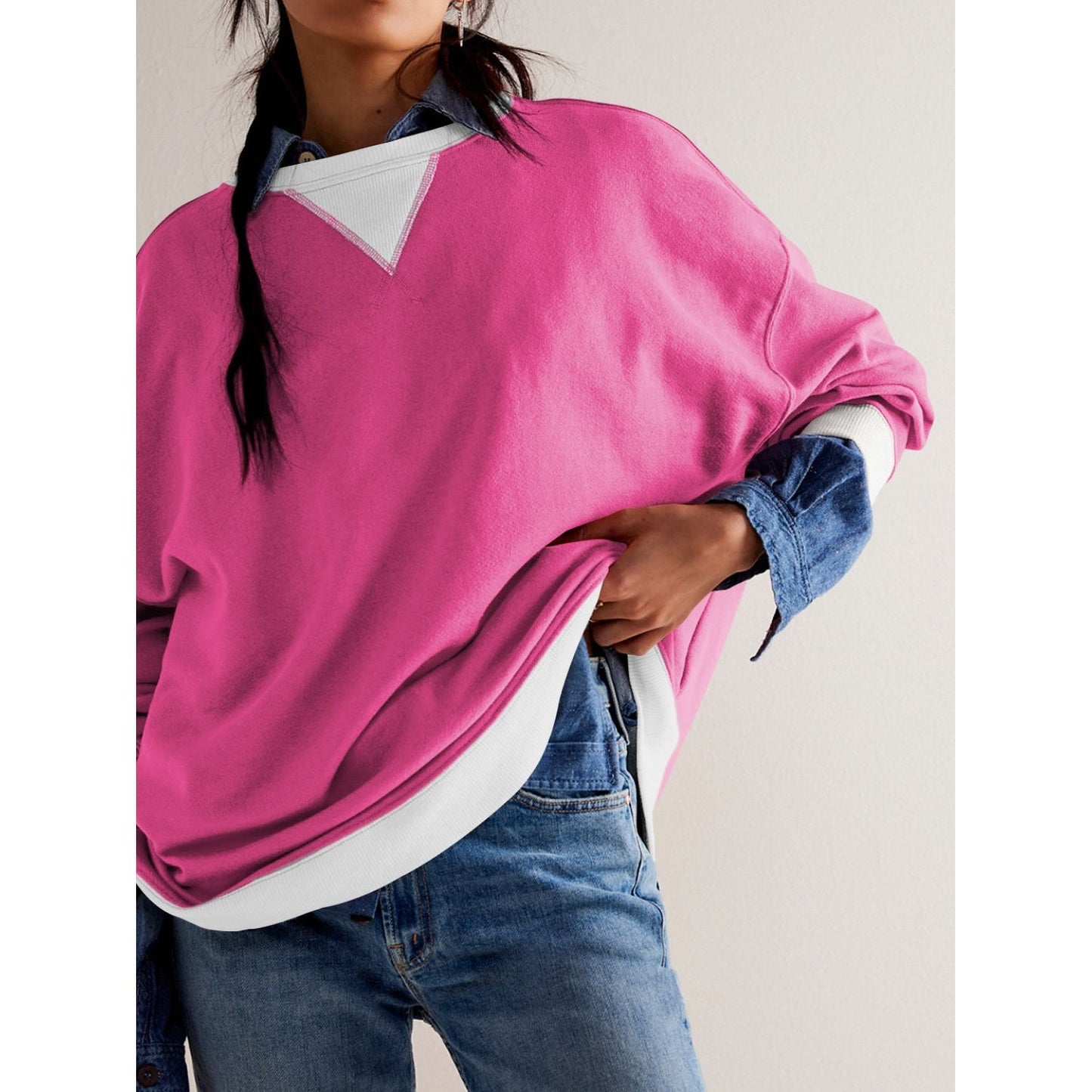 Contrast Dropped Shoulder Long Sleeve Sweatshirt