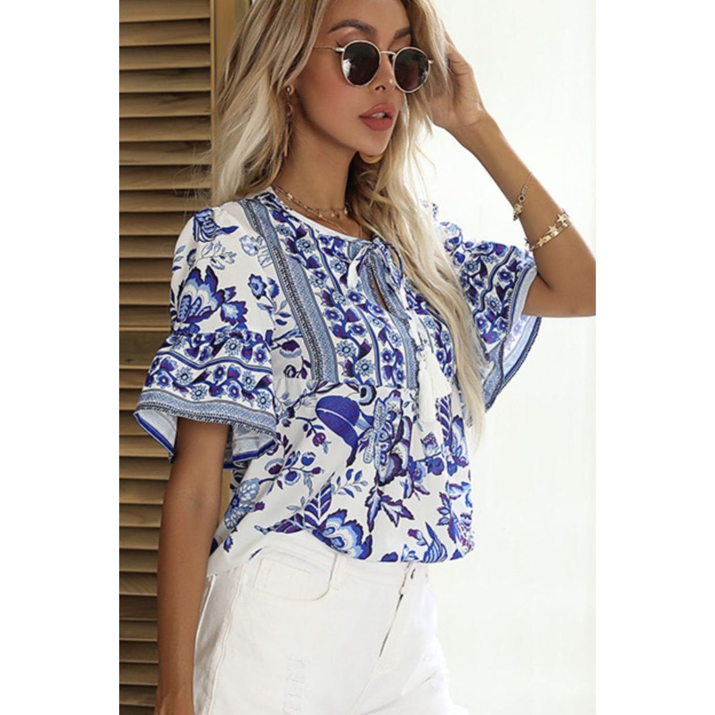 Printed Buttoned Flounce Sleeve Blouse