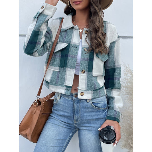 Perfee Plaid Button Up Drop Shoulder Cropped Jacket