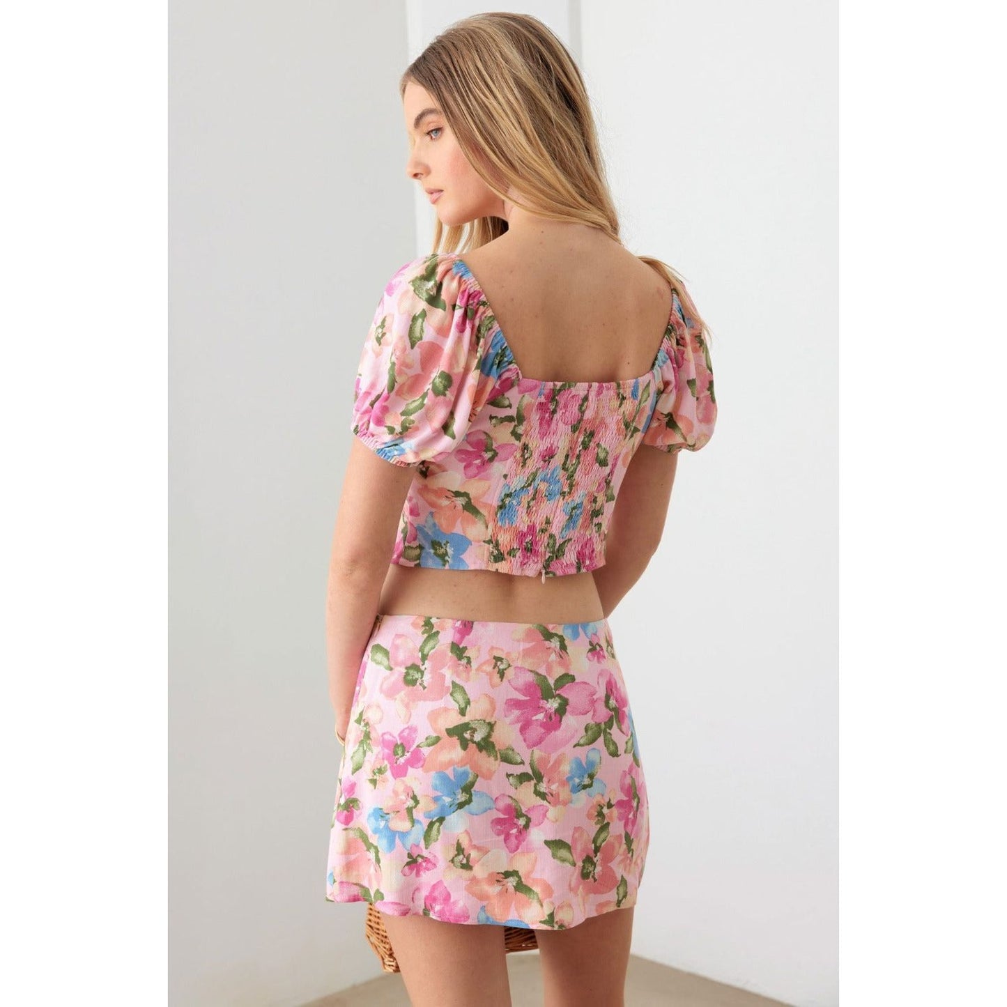 Le Lis Floral Puff Sleeve Crop Top and Mini Skirt Set